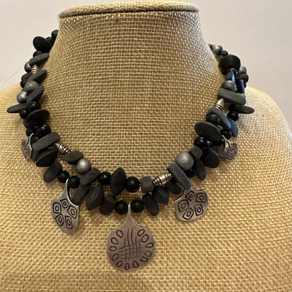 Chico's Statement Necklace double strand black and silver tone beaded w/ charms